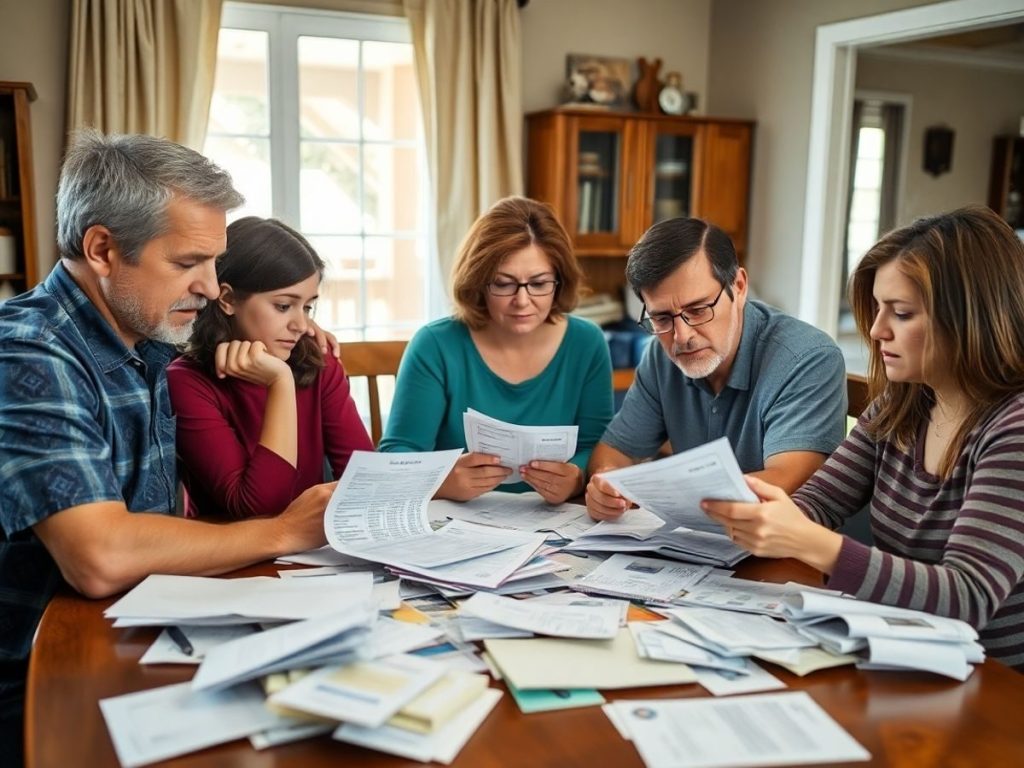 Familie preocupată discutând despre cheltuieli la masă.