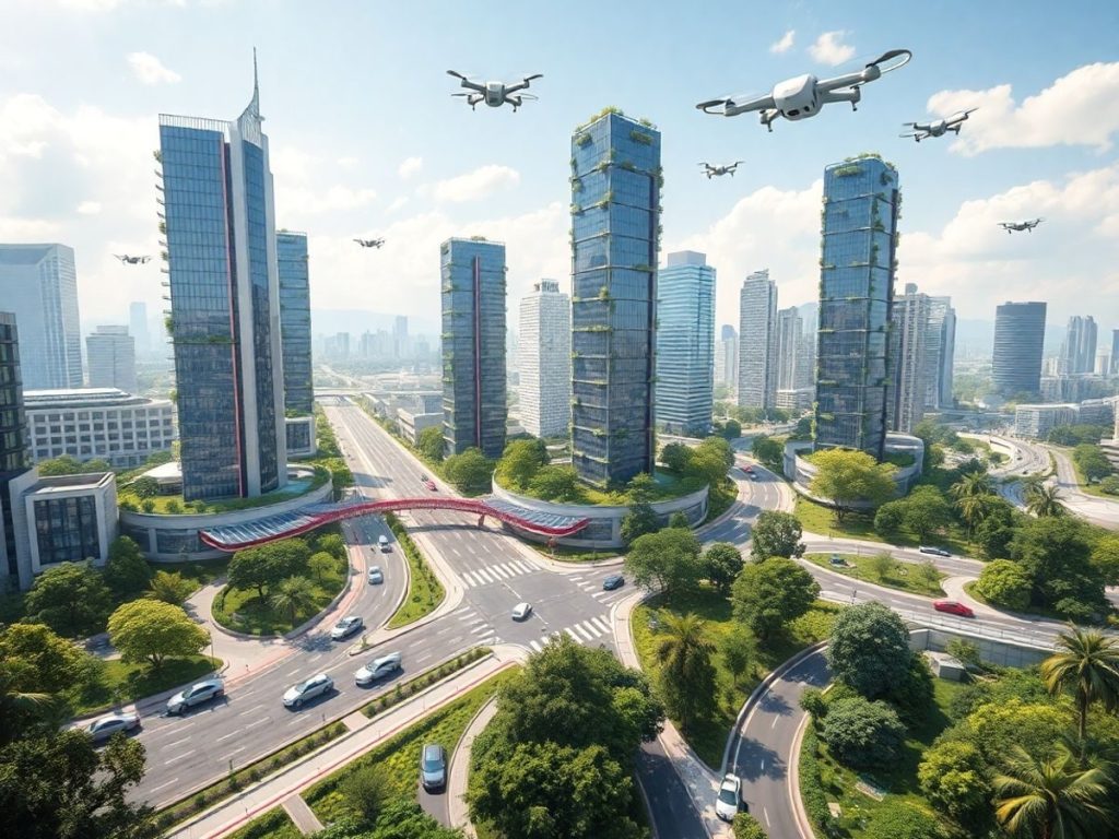 Oraș futurist cu tehnologie avansată și natură verde.