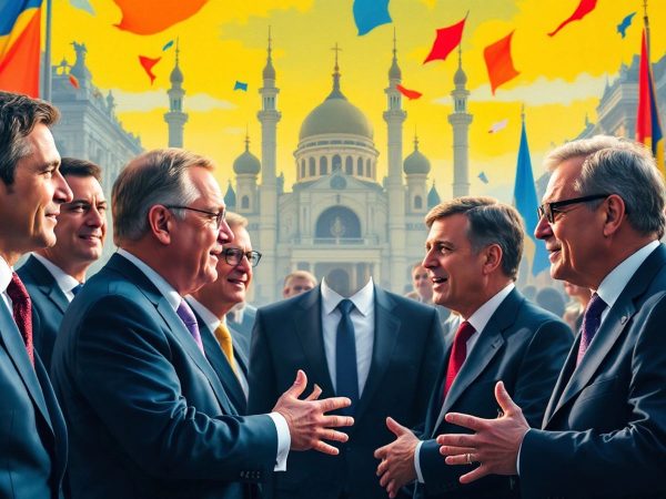 Politicieni români discutând în fața clădirilor emblematice.