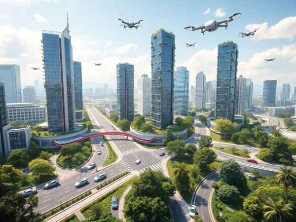 Oraș futurist cu tehnologie avansată și natură verde.