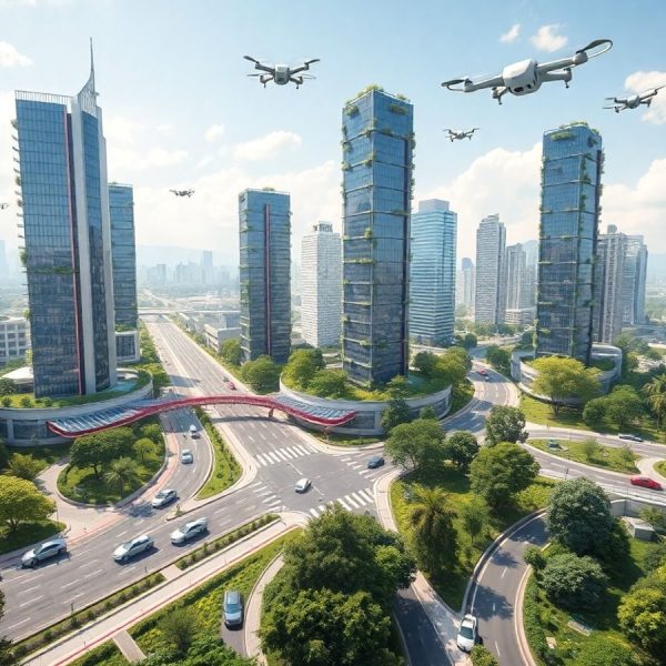 Oraș futurist cu tehnologie avansată și natură verde.