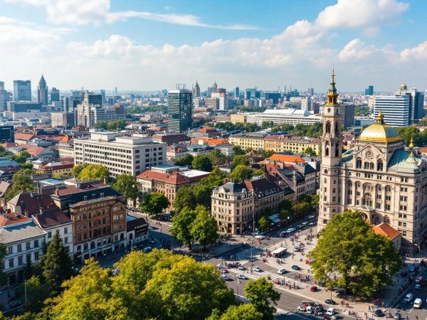 Peisaj urban vibrant din România, cu activitate economică.