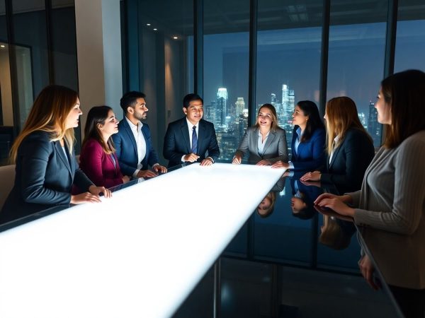 Profesioniști discutând planuri de afaceri într-un birou modern și luminos.