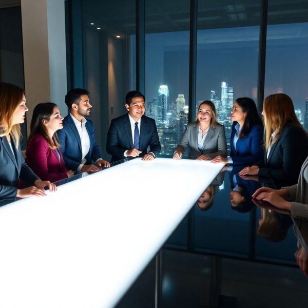Profesioniști discutând planuri de afaceri într-un birou modern și luminos.