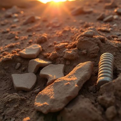 Săpături arheologice dezvăluind artefacte antice în lumina asfințitului